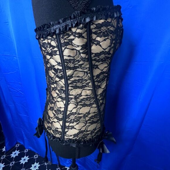 Womens Sz L Lace Corset Bow Ren Faire Valentines Lingerie Sexy Ruffle Boudoir - Picture 5 of 14